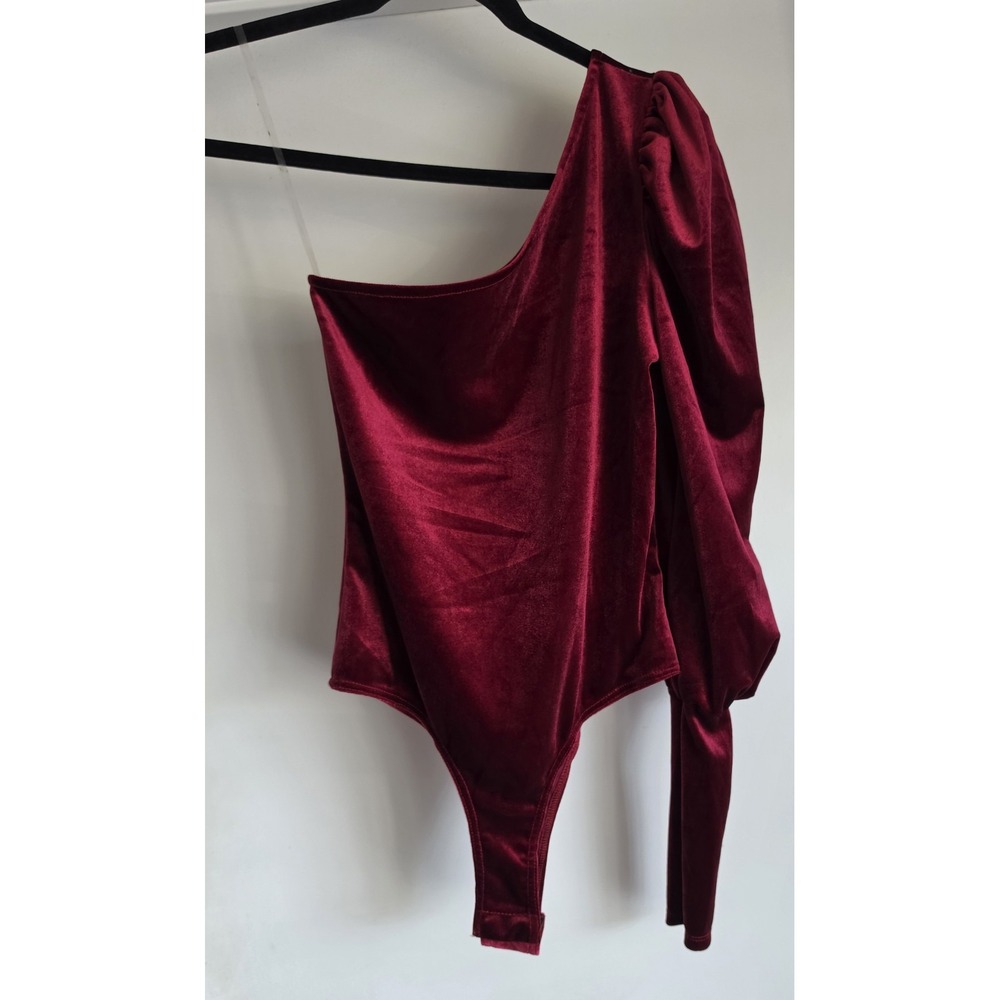 NWT Love@FS Bodysuit Burgundy Velvet One Shoulder Long Sleeve Party Top Blouse